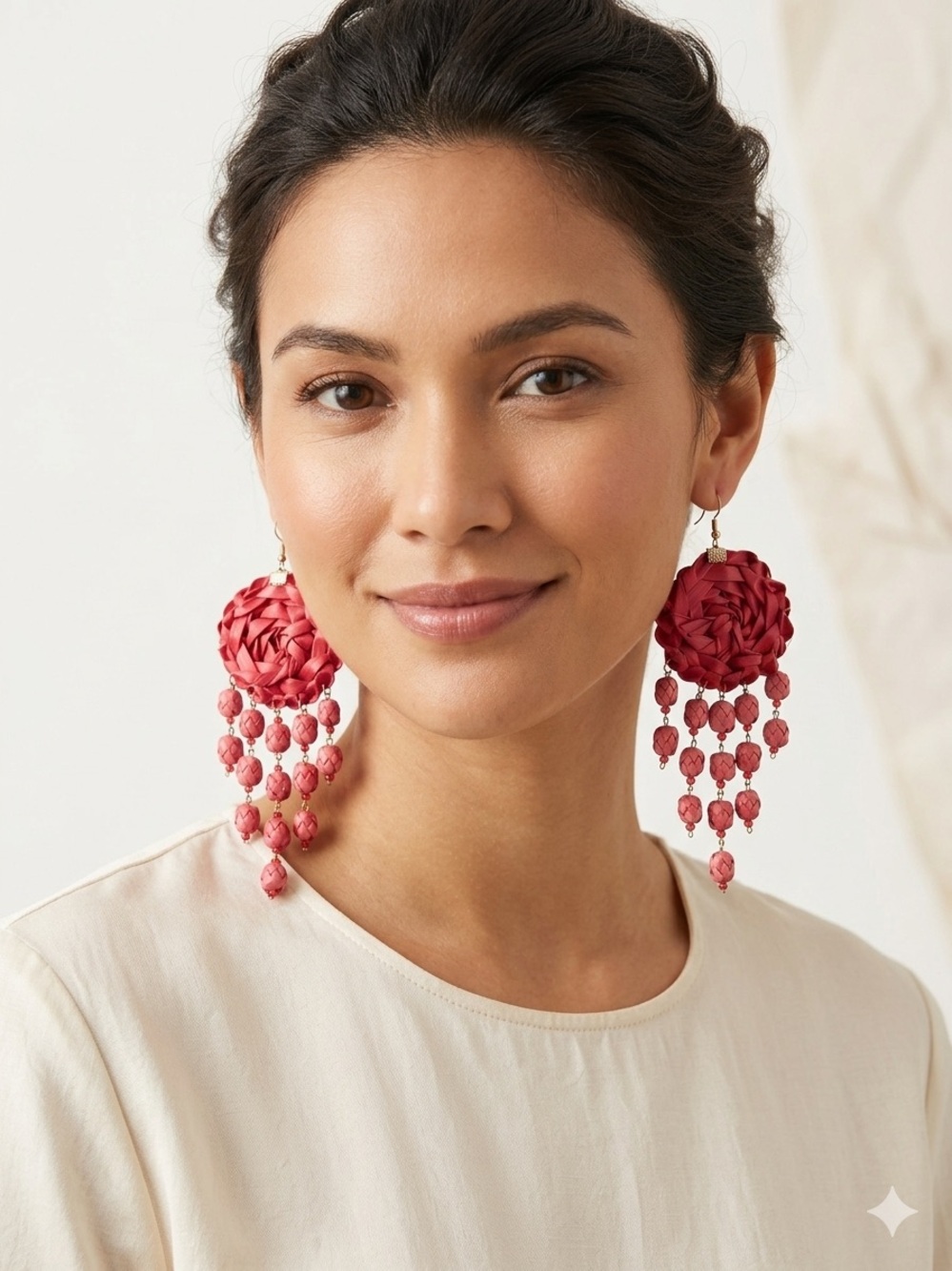 Handmade Oaxacan palm earrings Bold Coral Pink Floral Chandelier Earrings